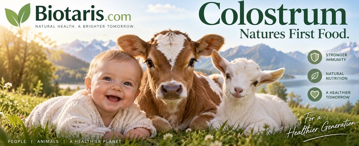 A baby, a calf and a goat kid lying side by side in the grass: colostrum, nature's first food